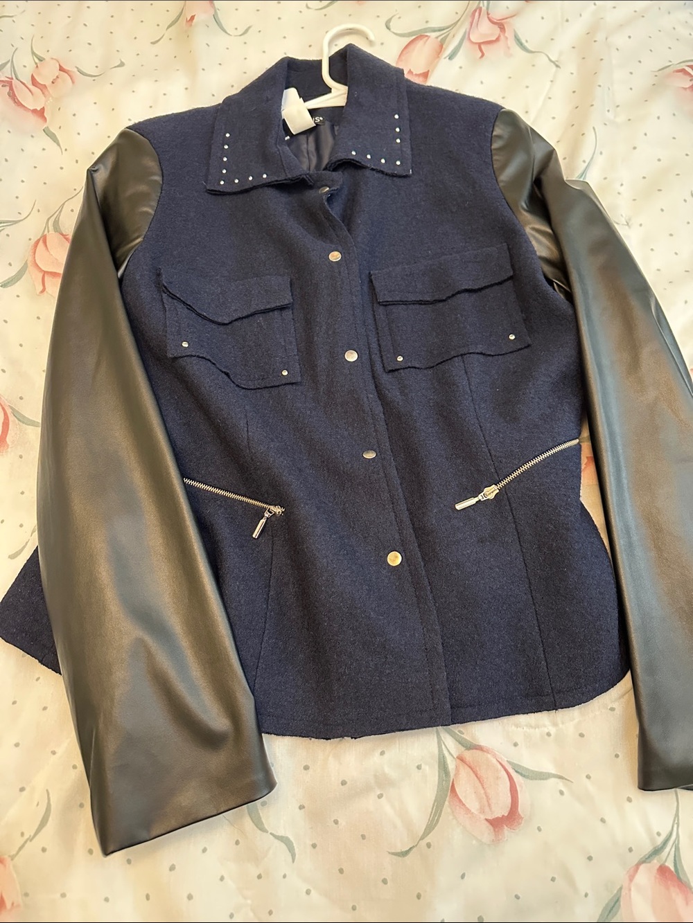 Wool Navy Jacket with Black Faux-Leather Sleeves